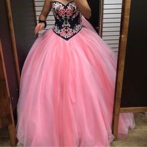 Strapless Floral denim Embroidered Pink Ball Gown for sweet 16 or Quincenera